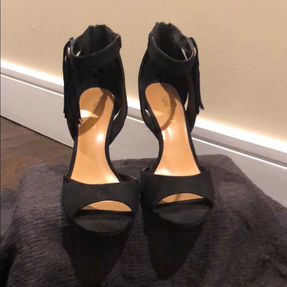 Black faux suede 4.5 inch heels with side fringe